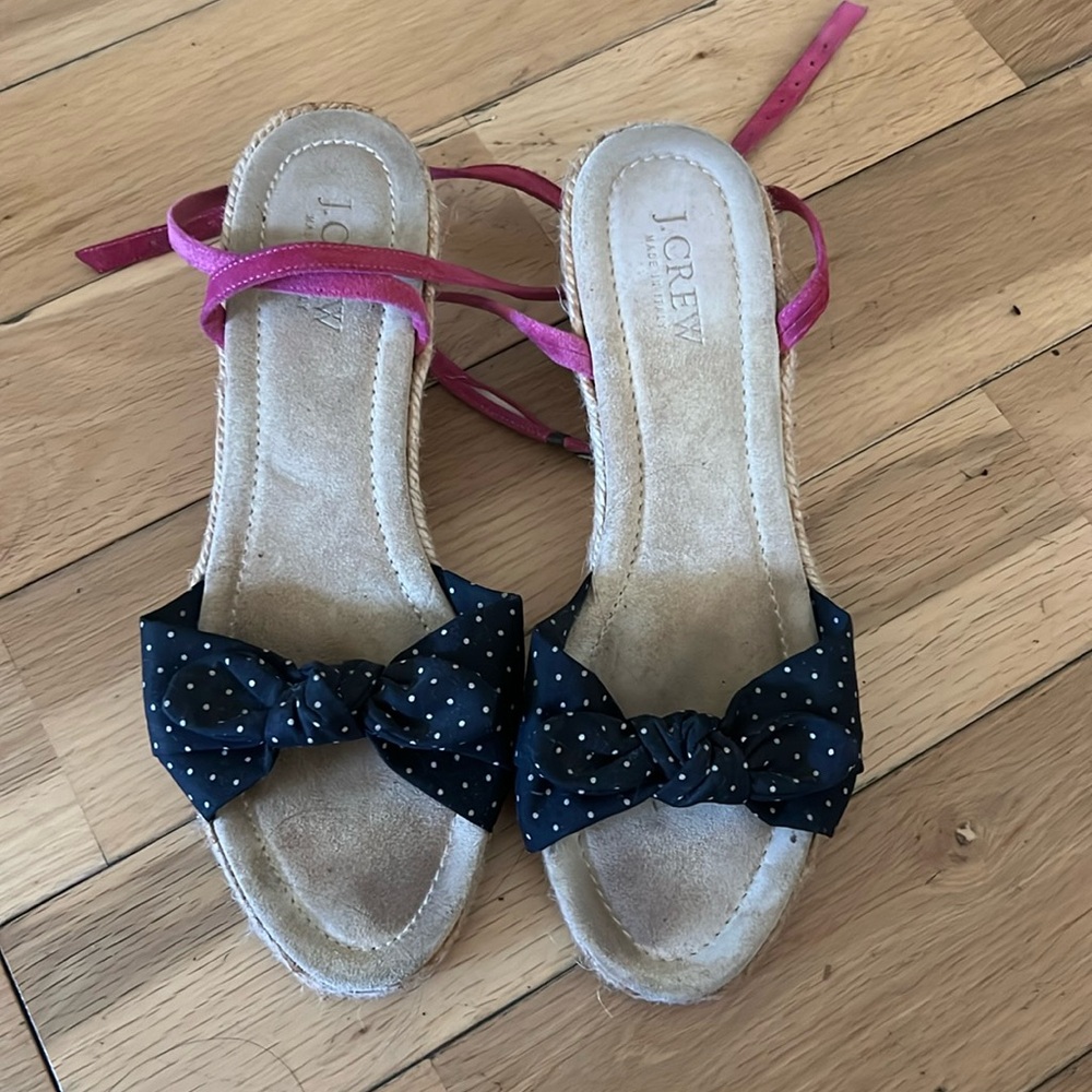 Polka dot and pink suede wedge sandals